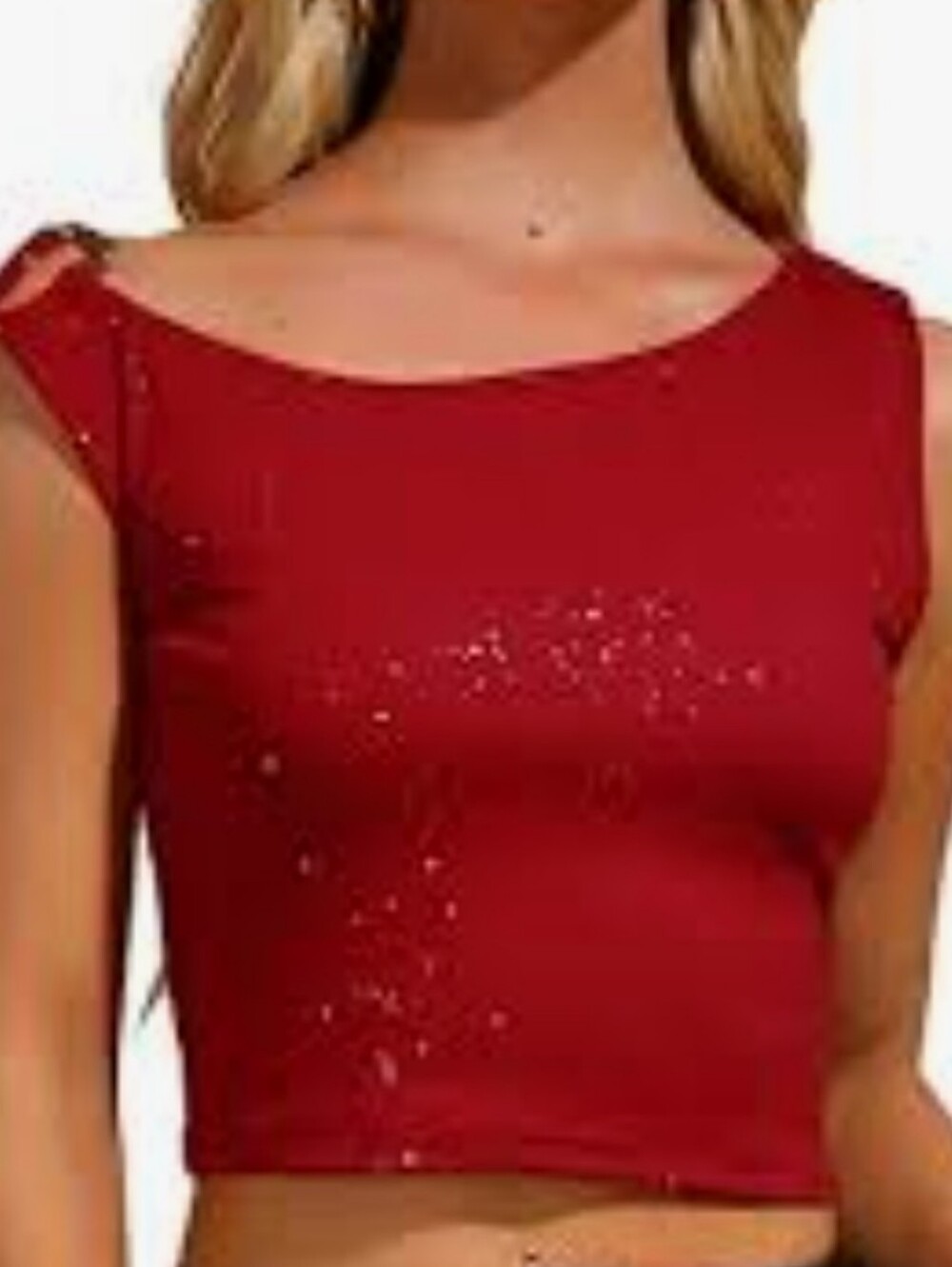 Allegra K Red Glitter Cap Sleeve Crop Top